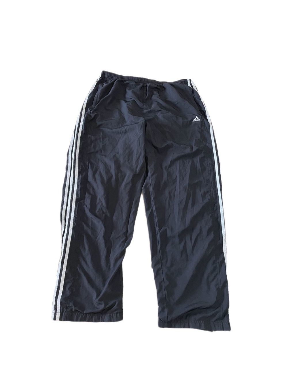 Adidas black track pants with white stripes, Y2K style, baggy fit, size XL